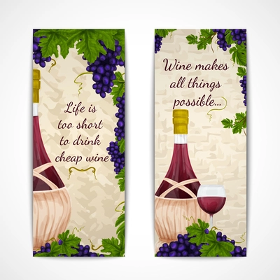 Wine jar glass and grape branches decoration vertical banners set vector illustration