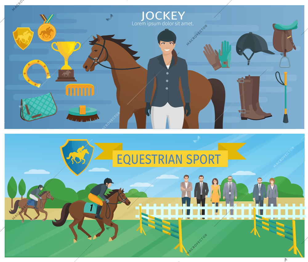 Horizontal color decorative banners depicting jockey with equipment and horse with equestrian at hippodrome vector illustration