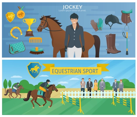 Horizontal color decorative banners depicting jockey with equipment and horse with equestrian at hippodrome vector illustration