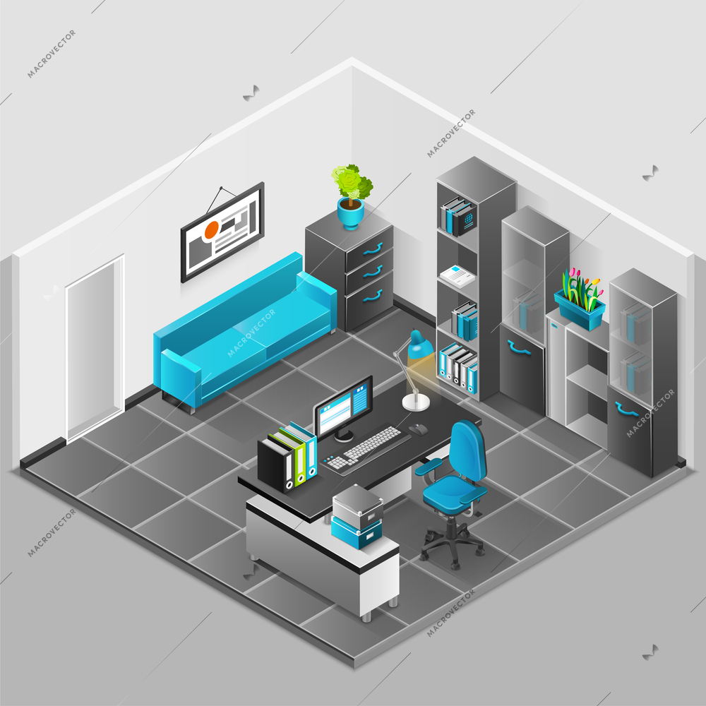 Office interior isomenric design with sofa table and computer vector illustration