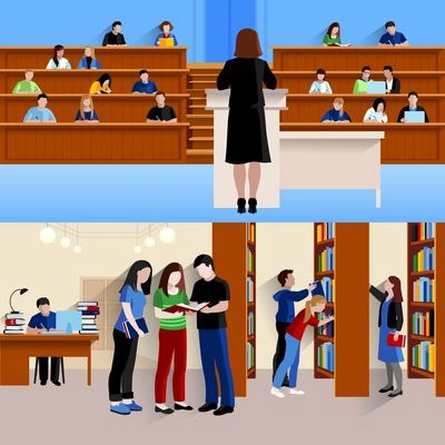 Two horizontal banners with students at university listening lecturer and preparing for exams isolated vector illustration