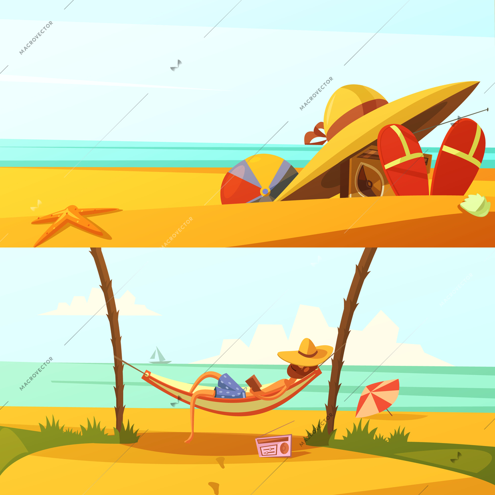 Summer holiday horizontal cartoon banners set with beach wears and equipment isolated vector illustration