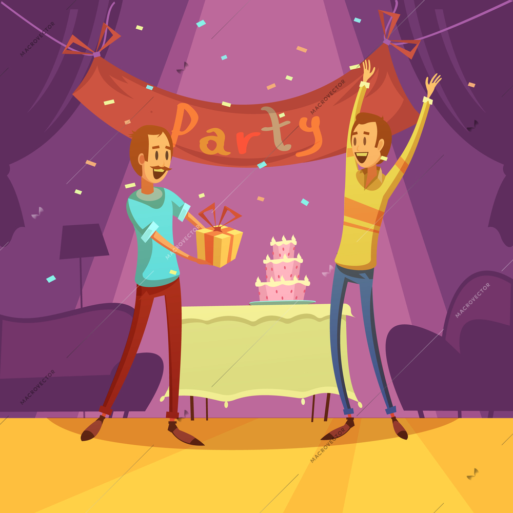 Friends and party background with cake decorations and present cartoon  vector illustration