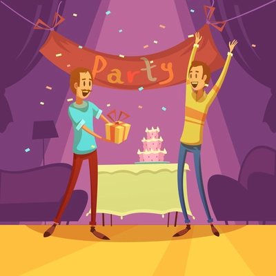 Friends and party background with cake decorations and present cartoon  vector illustration