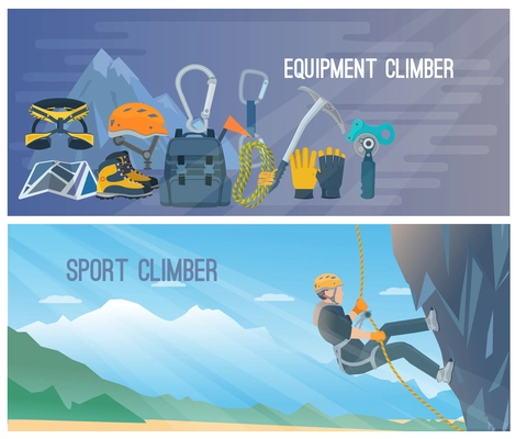 Horizontal color banners with title about climber equipment and sport vector illustration