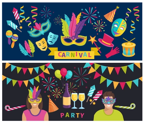 Horizontal color flat banners depicting decoration and elements of carnival party vector illustration