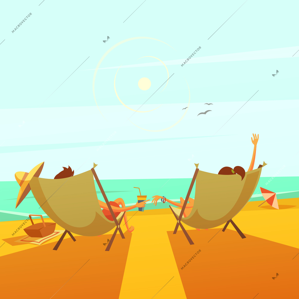 Beach rest background with a couple in chaise lounges at sea cartoon vector illustration