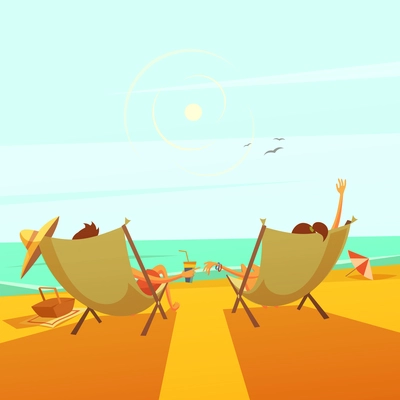 Beach rest background with a couple in chaise lounges at sea cartoon vector illustration