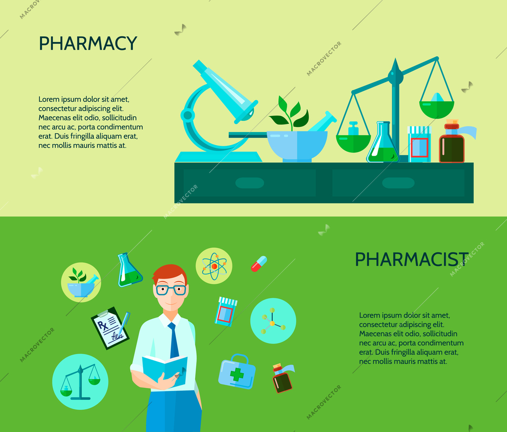 Two pharmacy banner describe pharmacist with manufacture of drugs and substances process vector illustration