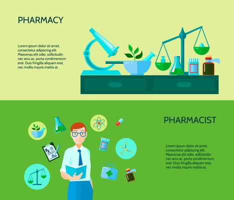 Two pharmacy banner describe pharmacist with manufacture of drugs and substances process vector illustration