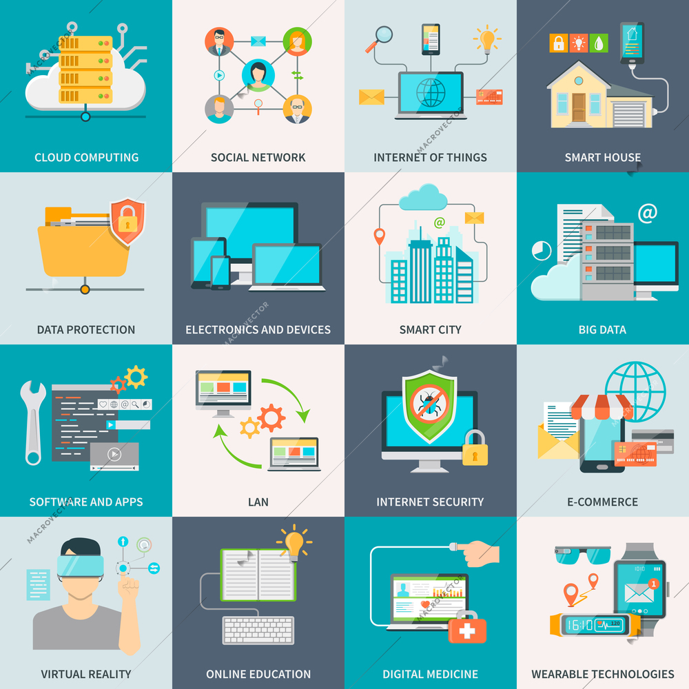 Information technologies concept flat icons with electronic devices software and internet isolated vector illustration