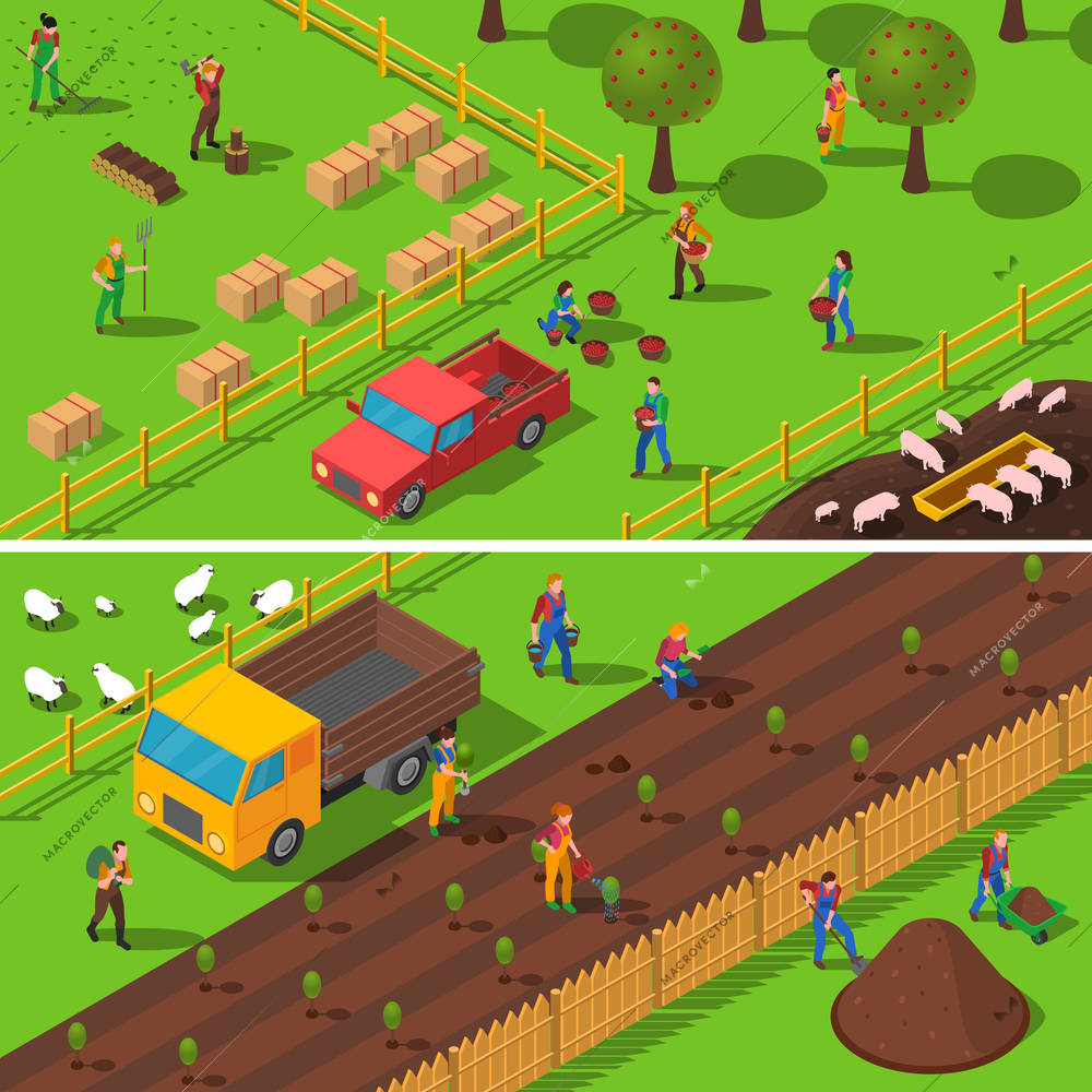 Farmers at work planting reaping harvesting crops and fruits 2 isometric banners composition poster abstract vector illustration