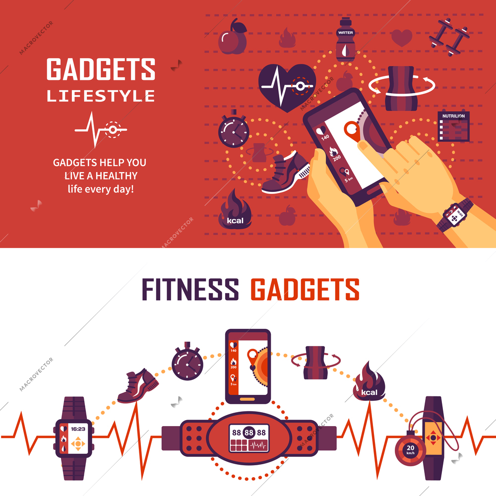 Color horizontal banners about fitness gadgets that help peolpe monitoring state of health