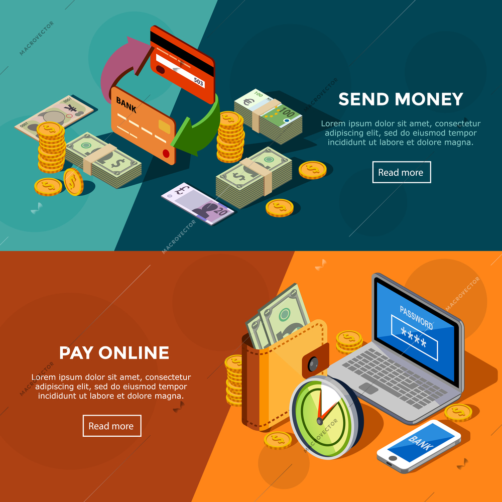 Two horizontal  bank service banners with online payments and money transfers isometric icons set vector illustration