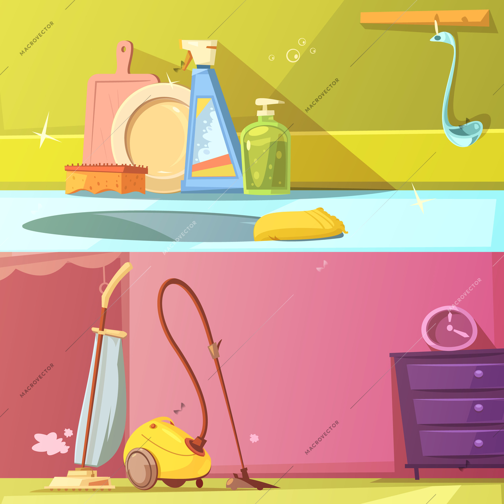 Cleaning horizontal cartoon banners set with washing the dishes and vacuum cleaner isolated vector illustration