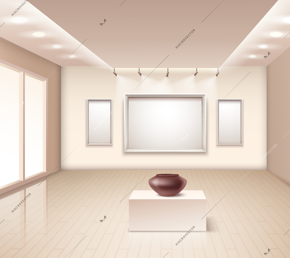 Exhibition gallery interior with brown vase on pedestal decorative wall frames and illumination at ceiling vector illustration