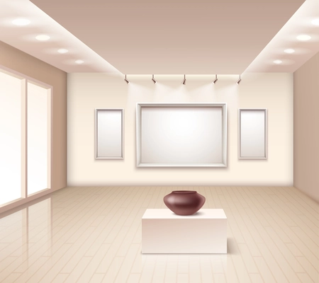 Exhibition gallery interior with brown vase on pedestal decorative wall frames and illumination at ceiling vector illustration