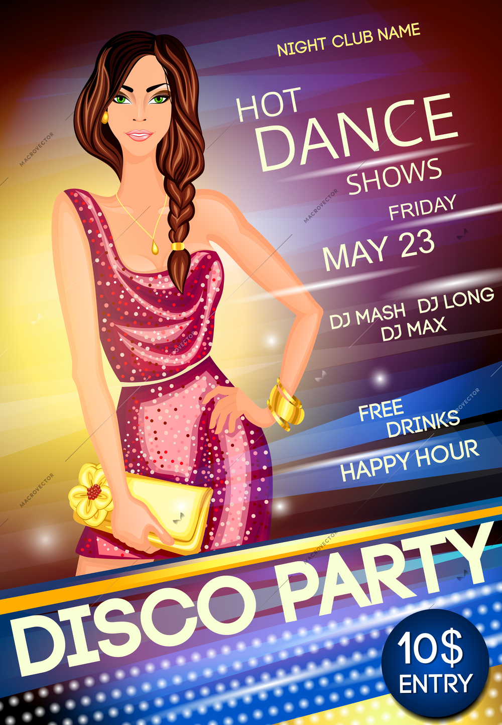 Nightclub disco dancing party advertising event poster with a beautiful sexy girl vector illustration