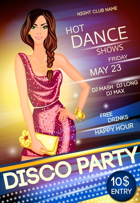 Nightclub disco dancing party advertising event poster with a beautiful sexy girl vector illustration