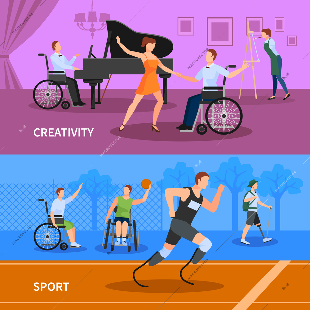 Disabled people practicing sport and leading full creative life 2 flat banners composition abstract isolated vector illustration