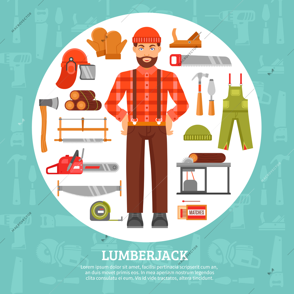 Lumberjack and tools icons set with saws axes overall in white circle with blue background vector illustration