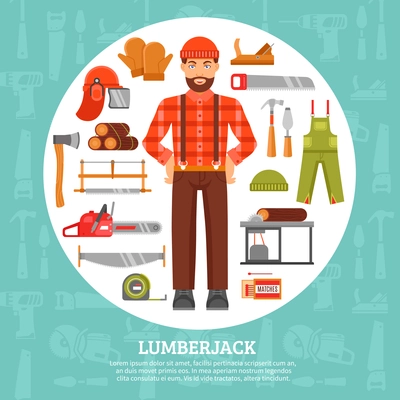 Lumberjack and tools icons set with saws axes overall in white circle with blue background vector illustration