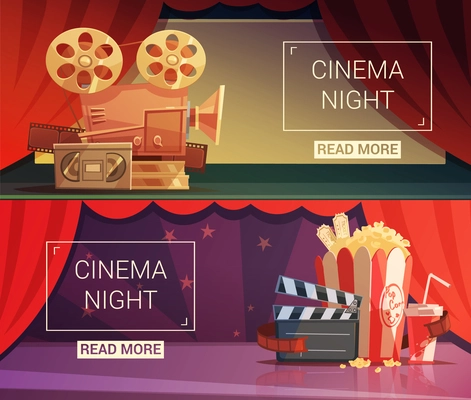 Cinema cartoon horizontal banners set with cinema night symbols isolated vector illustration