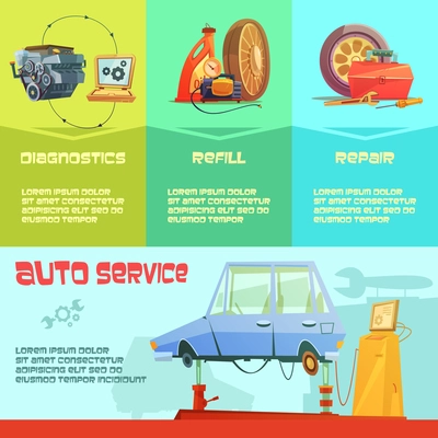 Auto service infographic set with diagnostics refill and repair symbols cartoon  vector illustration