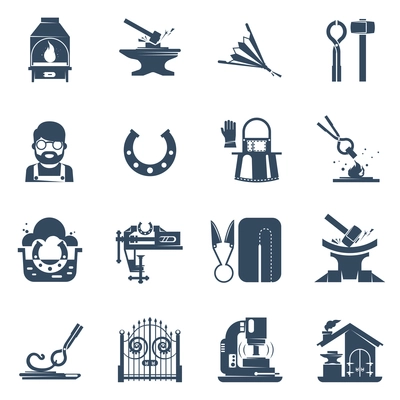 Blacksmith black icons set with tin snips hammer anvil iron gates welding machine isolated vector illustration