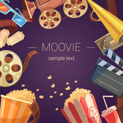 Movie cartoon background with camera tickets videocassette and popcorn vector illustration