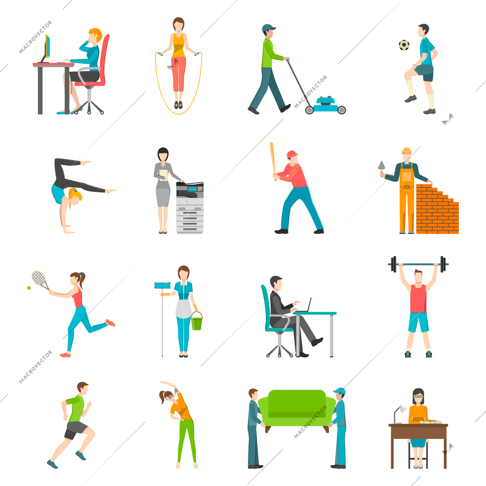 Set of flat color icons depicting physical activity people home outdoor or work vector illustration