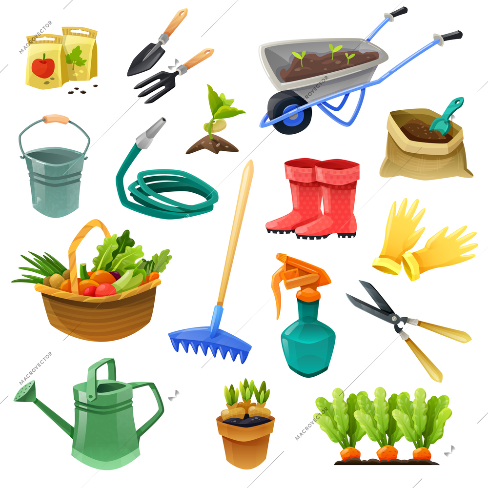 Gardening isolated color icons with handcart  hose for watering rubber boots bag of fertilizer and basket with vegetables vector illustration