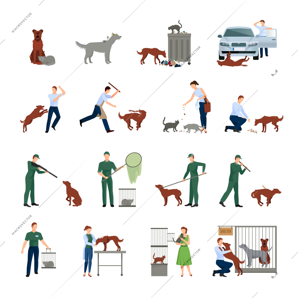 Stray animals icons set behavior of animals in society catching treatment in a veterinary clinic and finding them shelter protection vector illustration