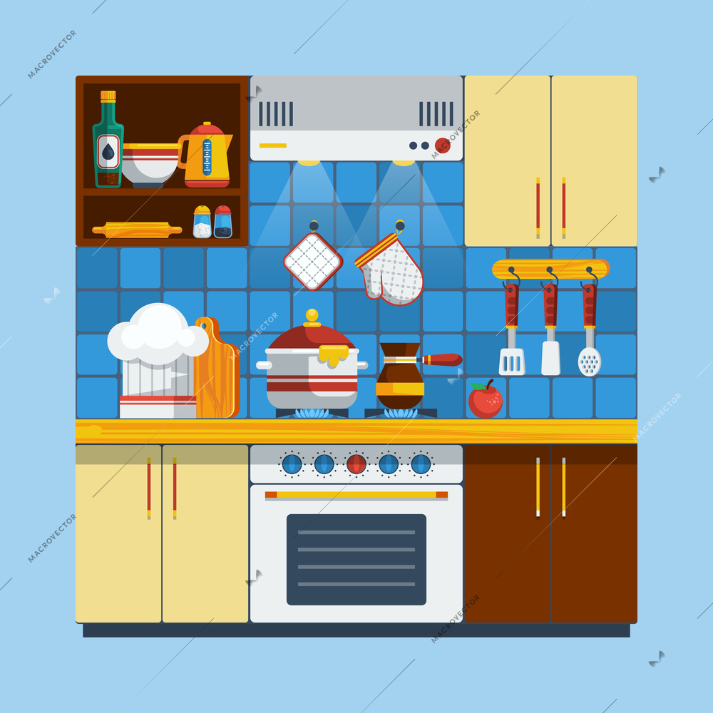 Kitchen Interior Concept. Kitchen Interior Vector Illustration. Cooking Flat Symbols. Interior Design Set. Kitchen Decorative Elements.