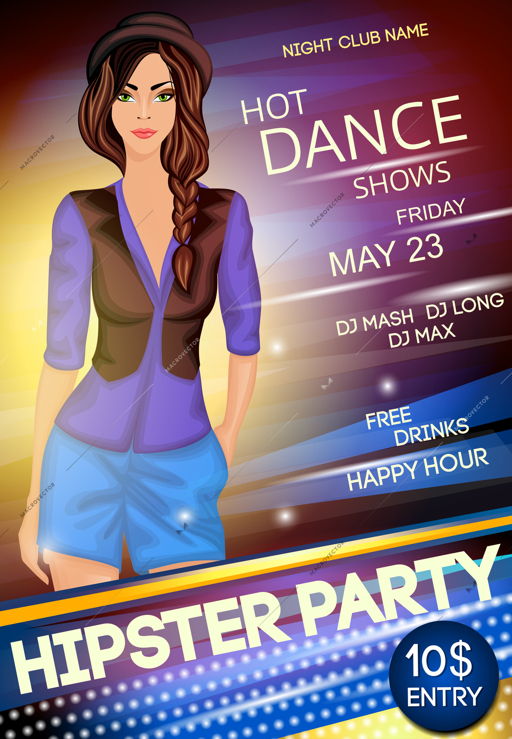 Nightclub hipster party sexy long legged girl in hat and black gilet show event poster vector illustration