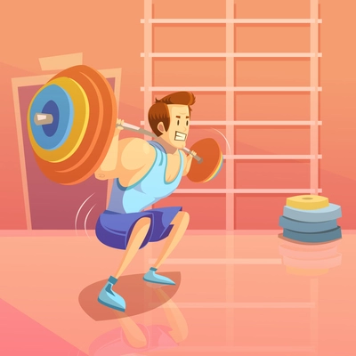 Gym and weightlifting background with man lifting a barbell cartoon vector illustration