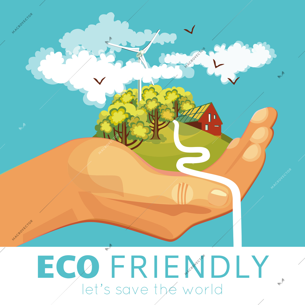 Saving of environment poster with countryside and ecosystems at palm on blue background vector illustration