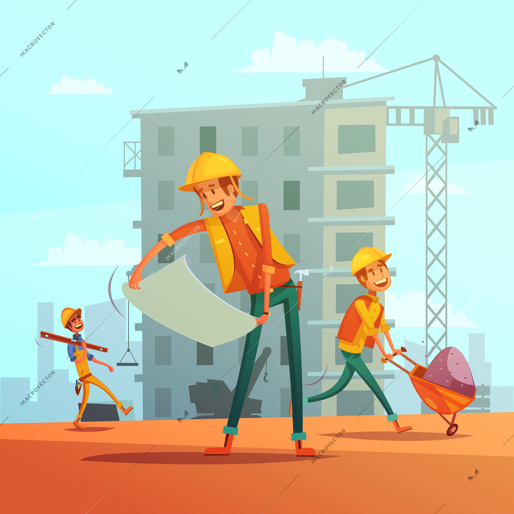 Building and construction industry cartoon background with workers tools and equipment vector illustration