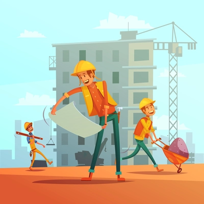 Building and construction industry cartoon background with workers tools and equipment vector illustration