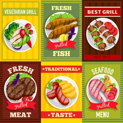 Barbecue mini posters set vegetarian grill fish meat seafood dishes vector illustration