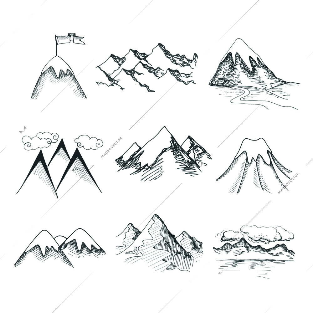Hand drawn snow ice mountain tops decorative icons isolated vector illustration