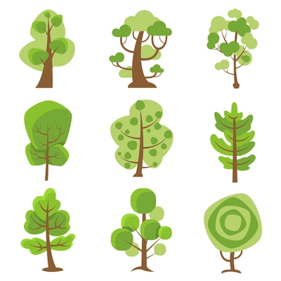 Tree logo flat cartoon decorative icons set on white background with deciduous and coniferous types trees isolated vector illustration