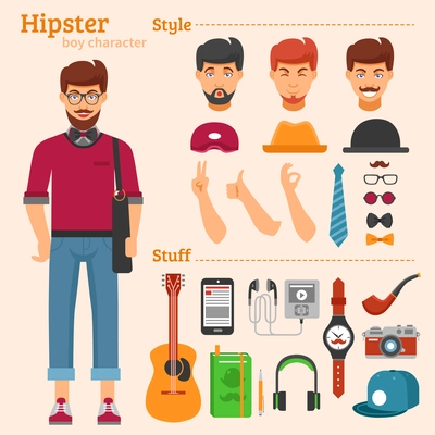 Hipster boy character decorative icons set with avatars haircuts hats ties guitar pipe watch isolated vector illustration
