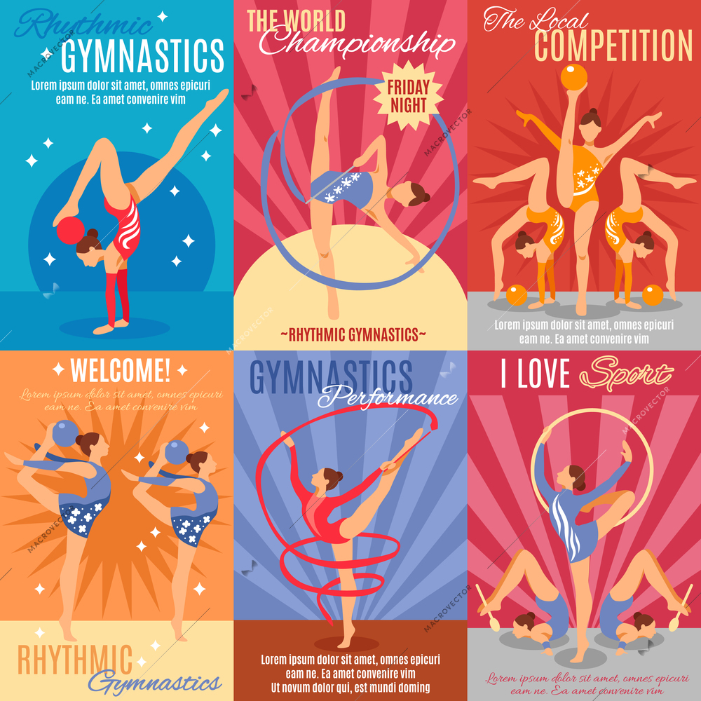 Collection of six rhythmic gymnastics posters with advertising of oncoming world championship and gymnast performance presentation flat vector illustration