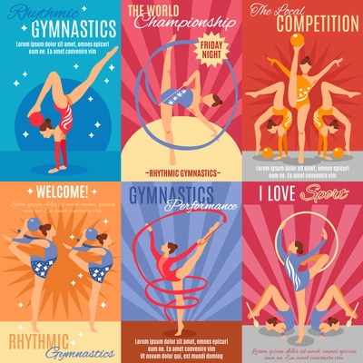 Collection of six rhythmic gymnastics posters with advertising of oncoming world championship and gymnast performance presentation flat vector illustration