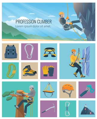 Set of color flat icons about industrial profession climber and climbing equipment vector illustration