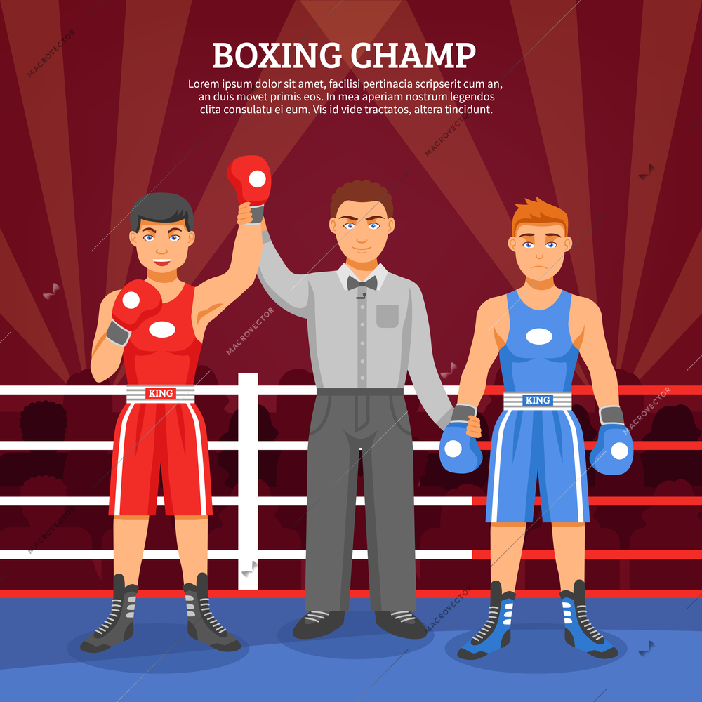 Boxing champ flat design composition with two boxers on ringside and referee lifting winner hand vector illustration