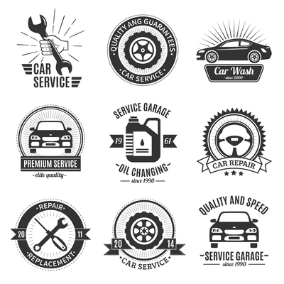 Auto services black white emblems with bodies of cars wrench screwdriver washing canister wheel isolated vector illustration