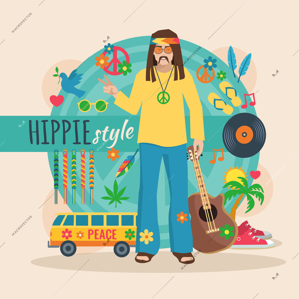 Hippie character pack for long hair man with accessory and trendy elements vector illustration
