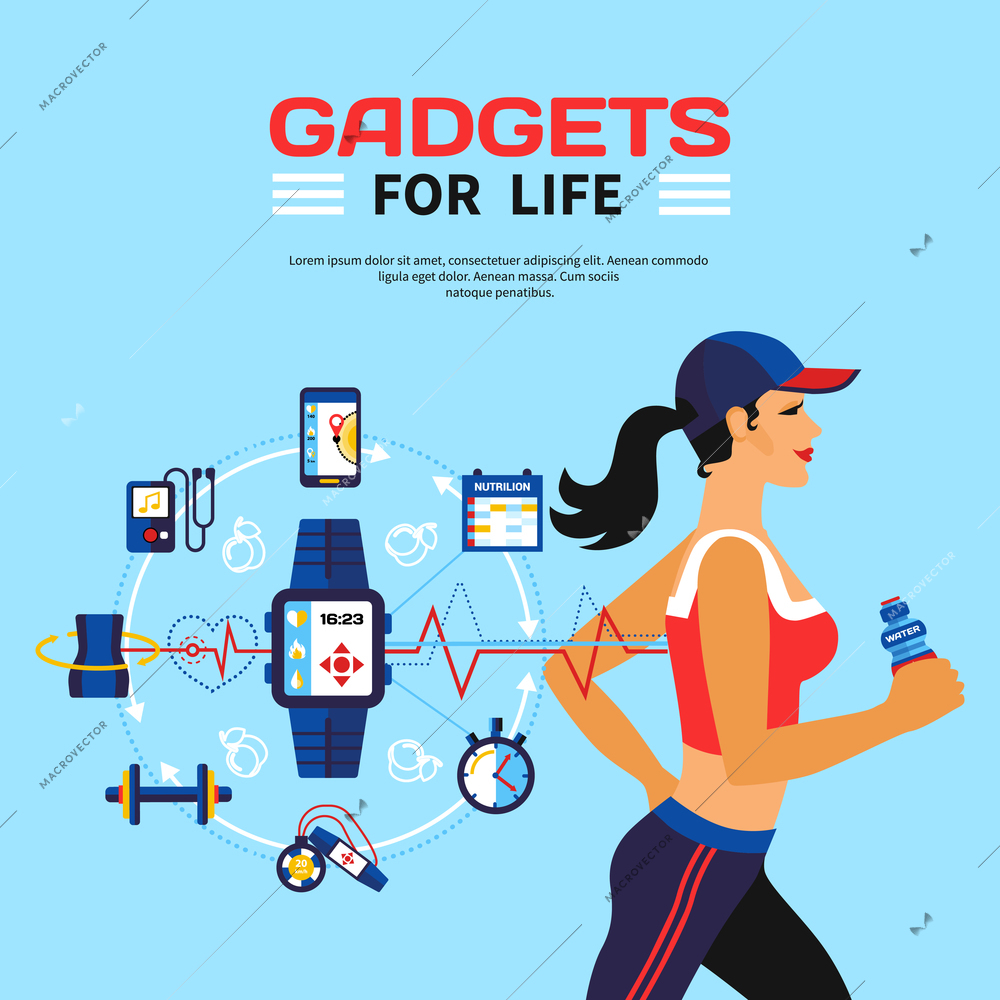 Flat vector illustration of running girl and set of gadgets used smart technology for monitoring calorie consumption during fitness activities